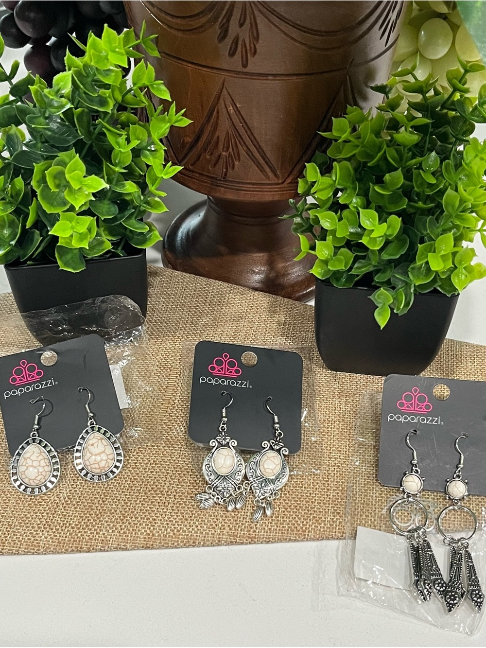 Bundle of 3-paparazzi Cream and Silver Trio Dangle Earring Set